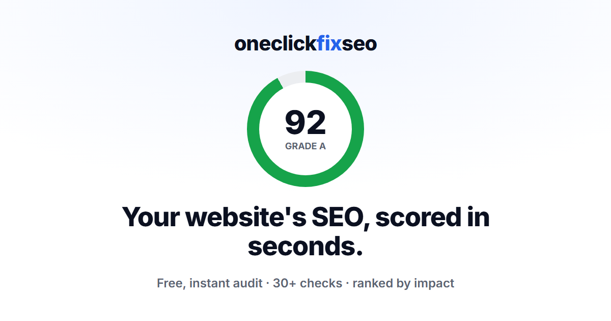Free SEO audit scorecard showing a website's SEO score of 92 out of 100, Grade A
